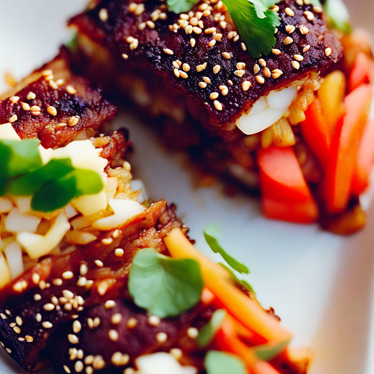 Sesame Seed Topped Sushi with Green Herbs and Colorful Vegetables