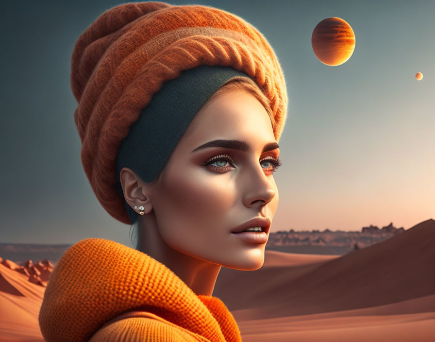 Digital portrait: Woman with blue eyes, orange turban, surreal desert backdrop.