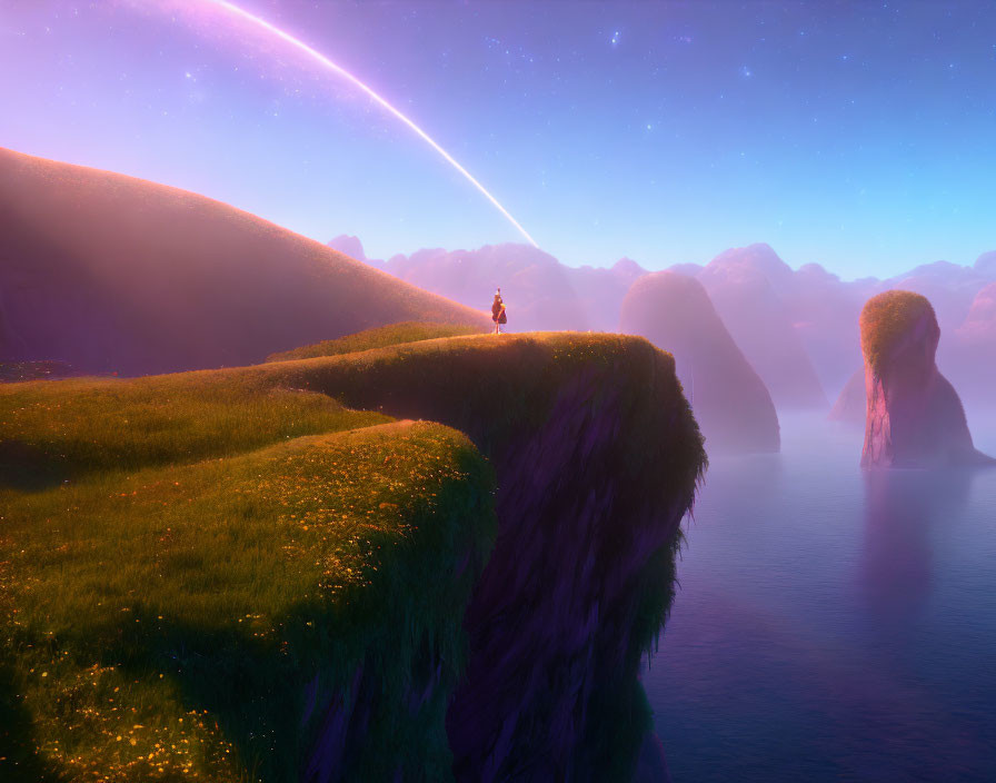 Solitary figure on lush cliff edge under purple sky