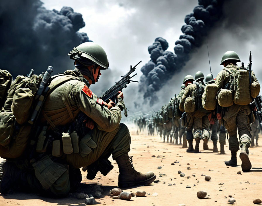 Military soldiers in helmets and combat gear advancing on smoky battlefield.