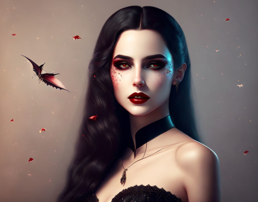 Digital artwork featuring pale-skinned woman with dark hair and red smoky eyes, accompanied by flying bats