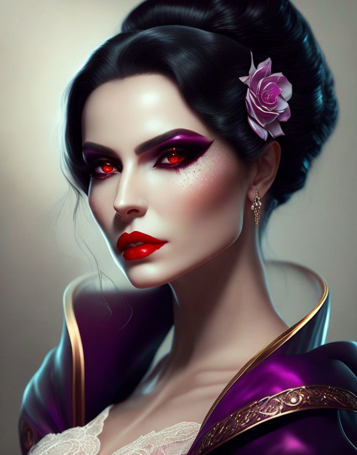 Stylized portrait of woman with red eye makeup and purple outfit