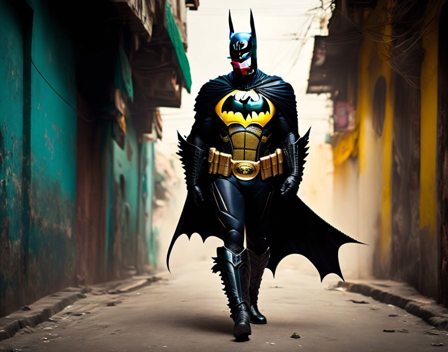 Person in Batman costume with cape fluttering in alleyway