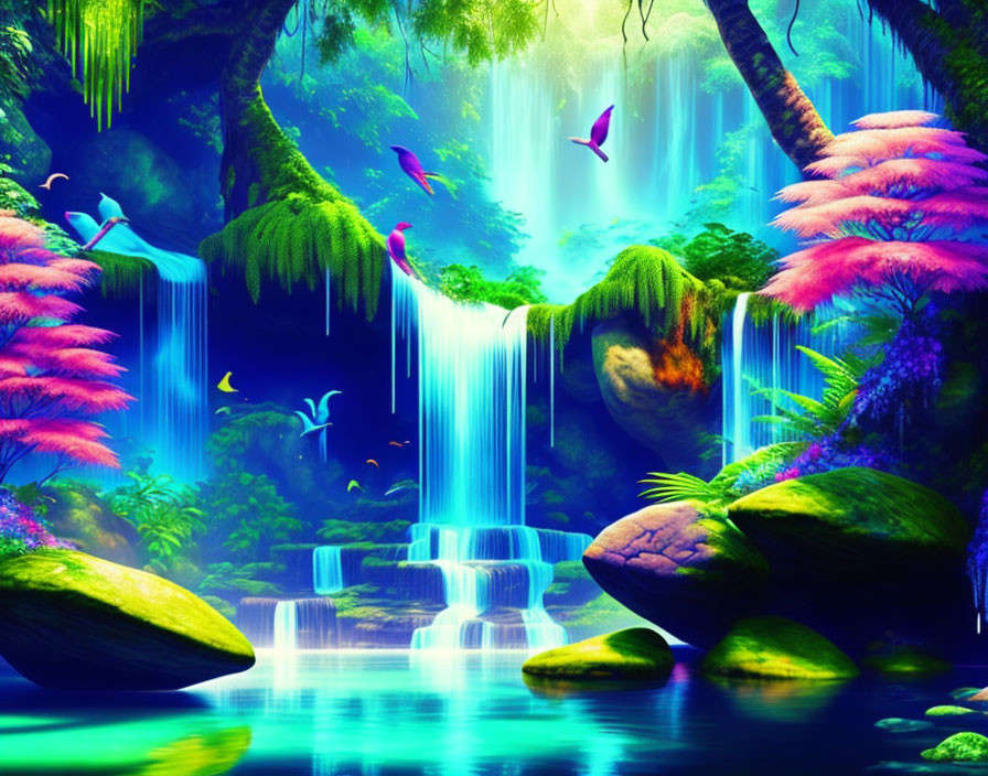 Colorful fantasy landscape with waterfalls, lush flora, and ethereal birds