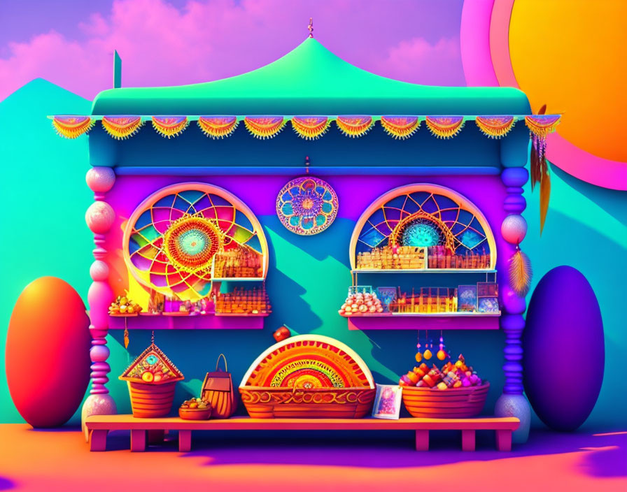 Colorful digital artwork of a vibrant market stall with fruits and goods under a tent