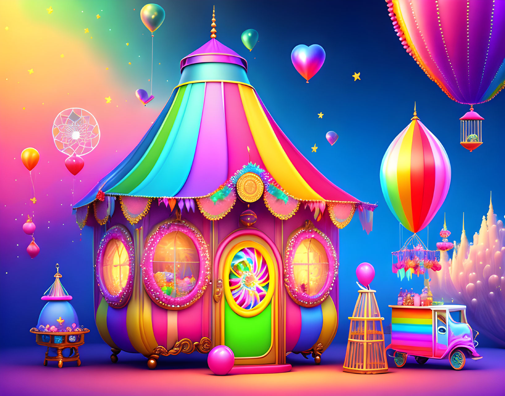 Whimsical fairytale carnival scene with colorful tent, balloons, hearts, ice cream truck under