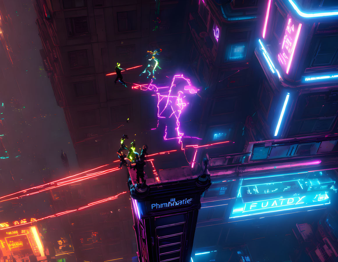 Nighttime futuristic cityscape with neon signs, flying robots, and holographic display.