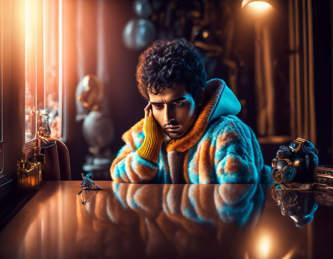 Contemplative person in fluffy blue jacket at reflective table with futuristic objects