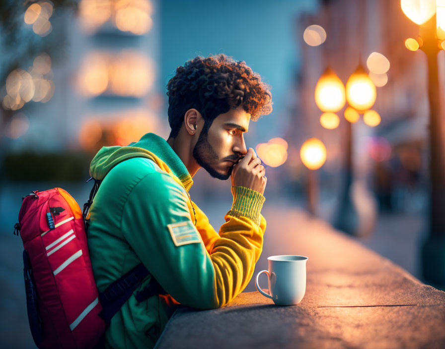 Young man in green jacket with red backpack sitting at street cafe, lost in thought.