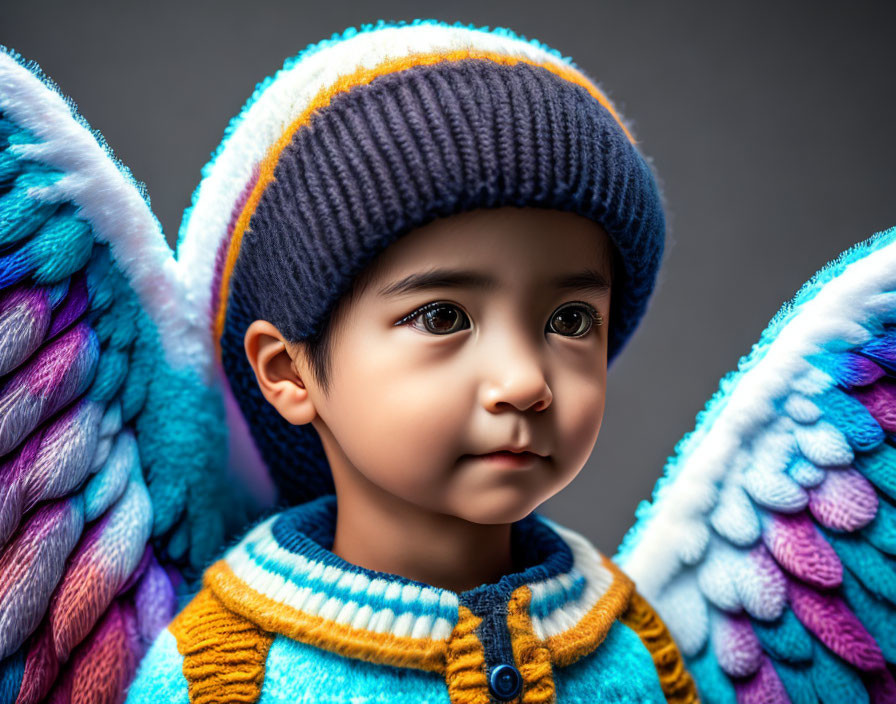 Child in Colorful Knit Wings and Beanie on Grey Background