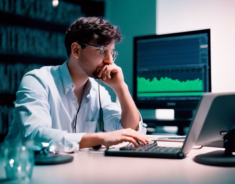 Man in glasses at desk with computer screen displaying graphs