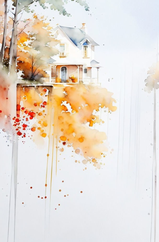 Whimsical watercolor painting of floating house and autumn trees