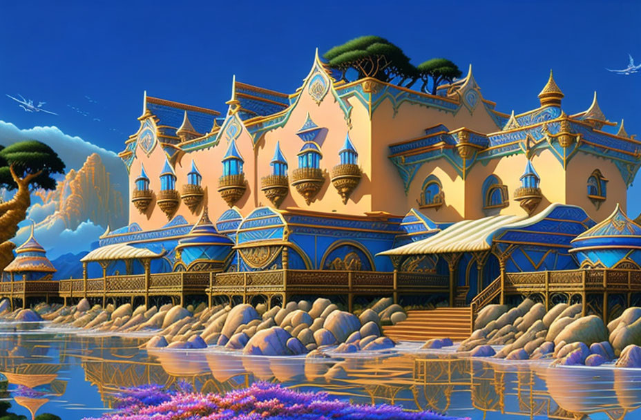 Fantastical palace digital artwork with golden-blue architecture over tranquil waters