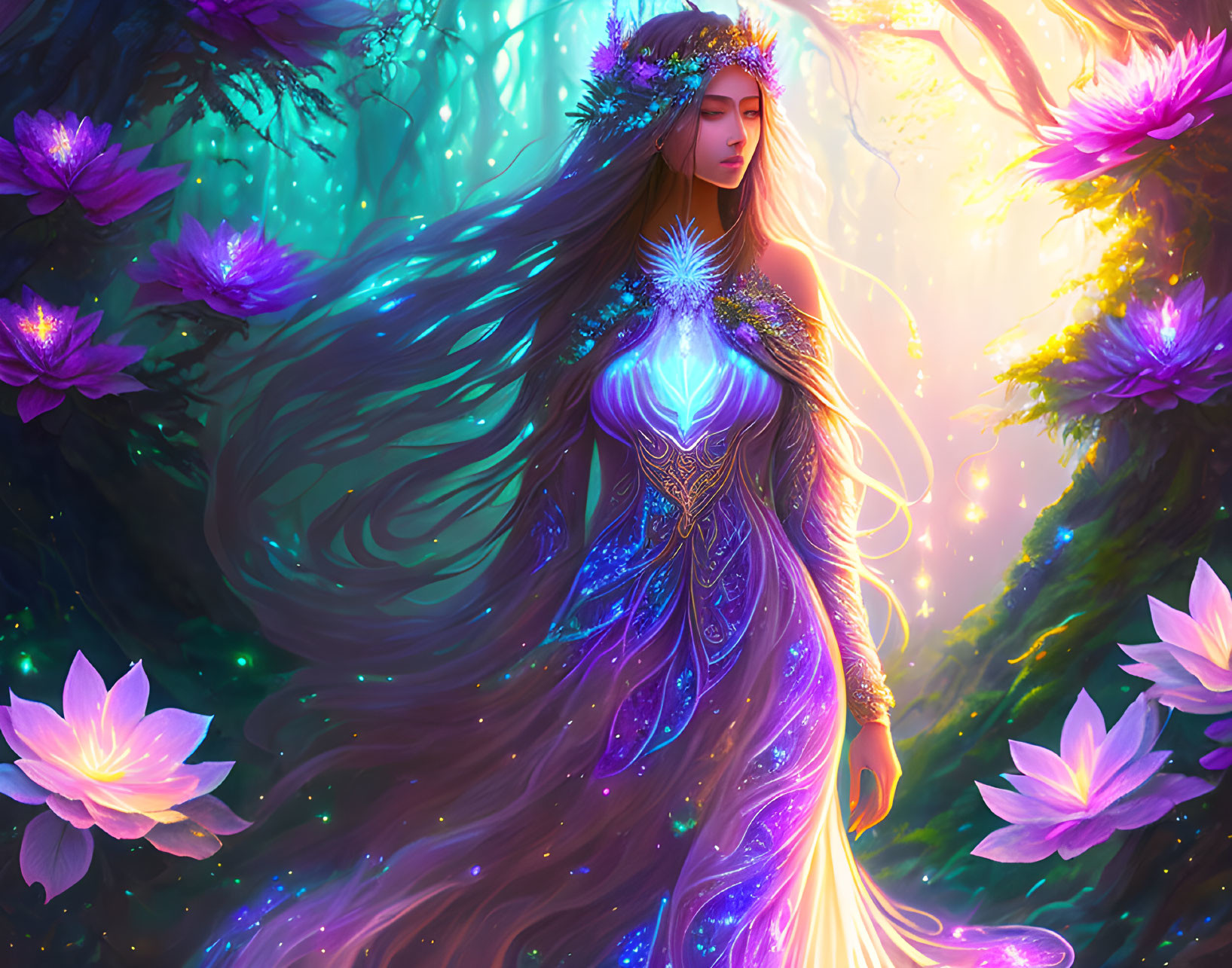 Ethereal woman in flowing gown and floral crown among vibrant lotus flowers