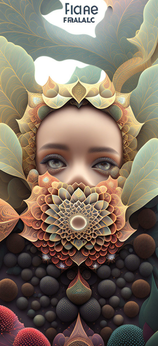 Digital artwork of woman's face with closed eyes, adorned with fractal patterns and crown headpiece in