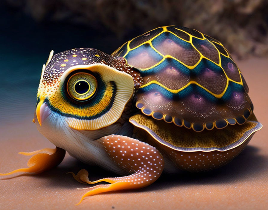 Colorful owl-headed tortoise with intricate patterns