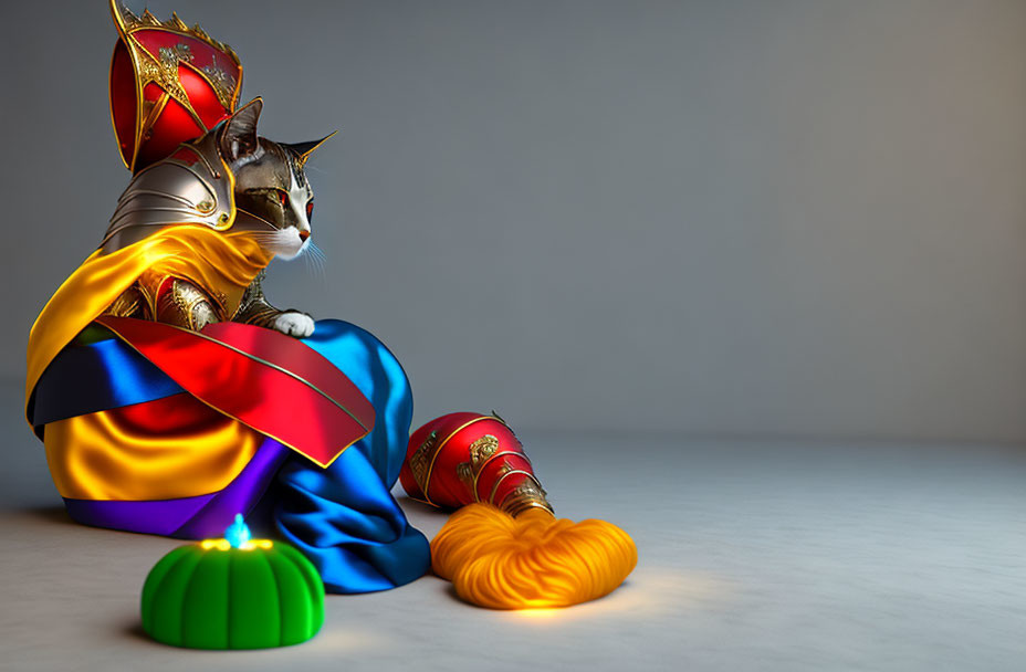 Colorful superhero cat beside green pumpkin with fallen crown and scepter