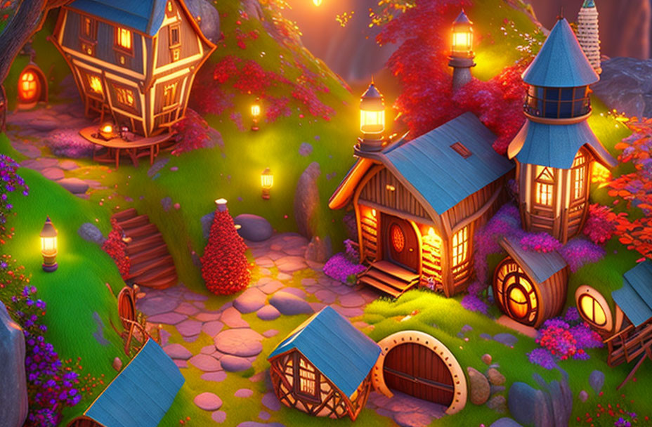 Fantasy village: cobblestone paths, blue houses, lanterns, vibrant flora