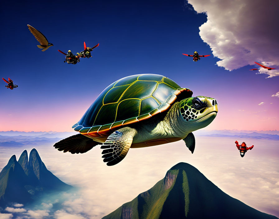 Flying Turtle with Drones and Person in Wingsuit in Sky & Mountain Scene