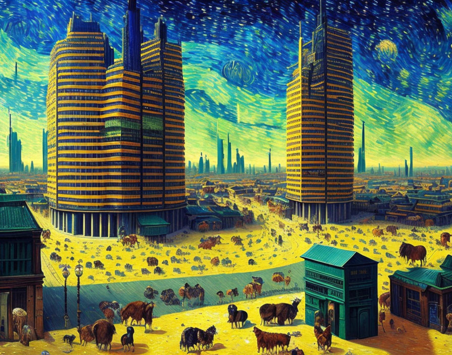 Futuristic cityscape with swirling skies and bison - Artwork fusion