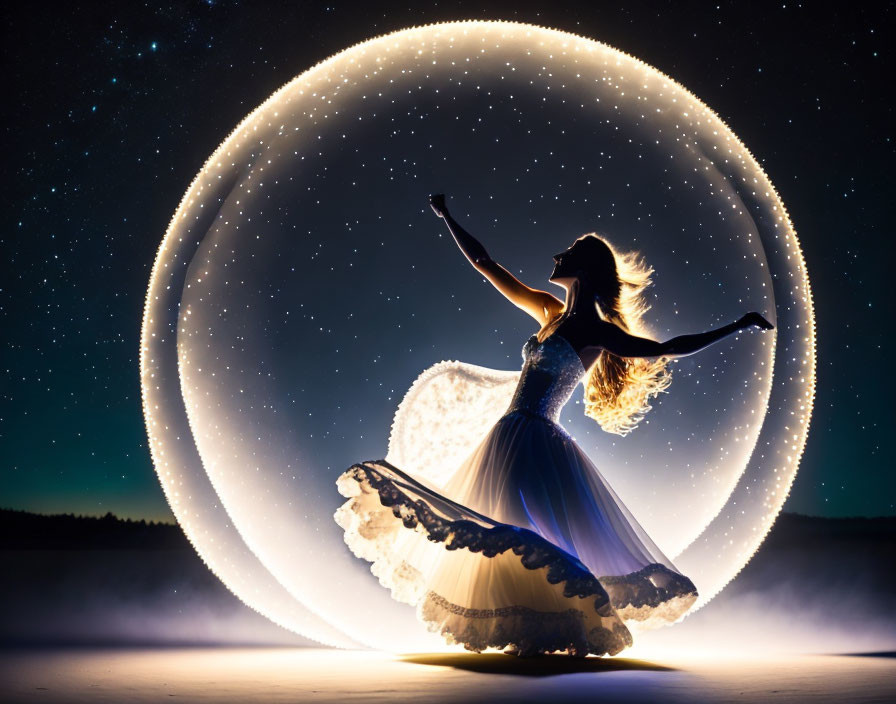 Woman dancing in flowing dress under glowing circular light