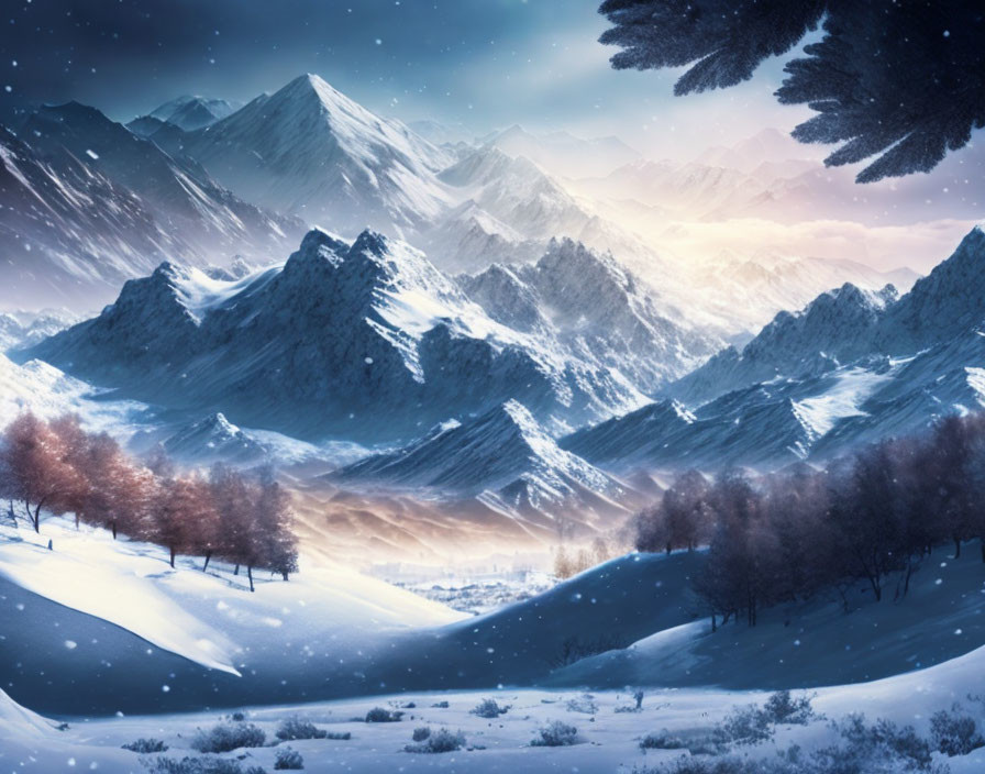 Snow-covered mountains and autumn trees in serene winter landscape