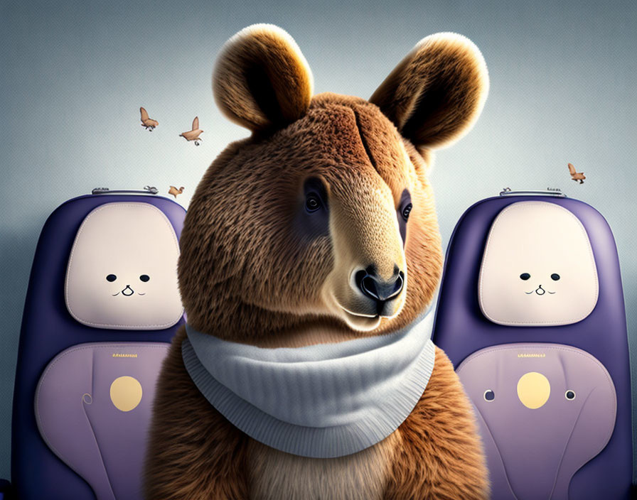 Anthropomorphic bear in vehicle with bear-face seats and butterflies.