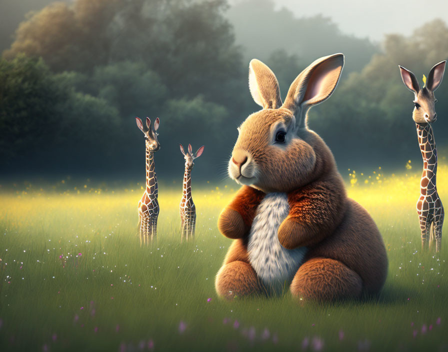 Fluffy rabbit and tiny giraffes in sunlit meadow