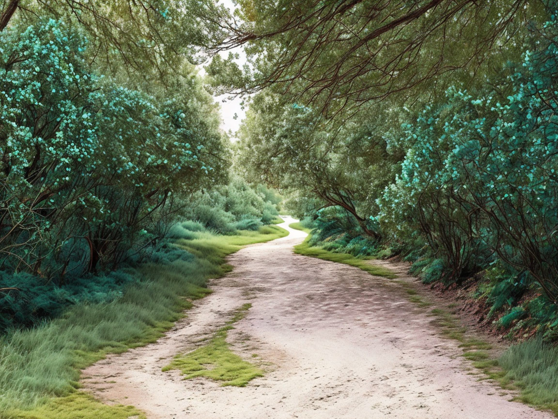 Tranquil forest scene with winding dirt path and lush greenery