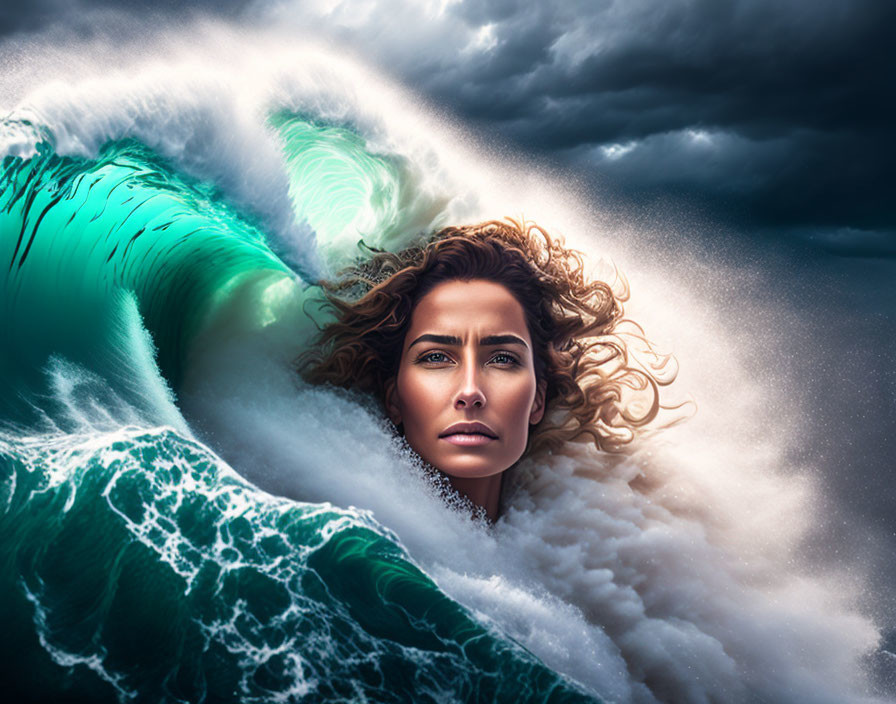 Woman's face in massive wave under stormy sky with flowing hair