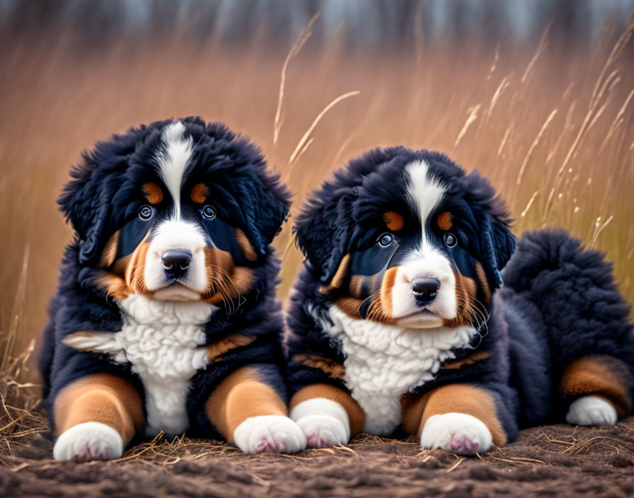 Fluffy Bernese Mountain Dog Puppies in Field with Tall Grasses