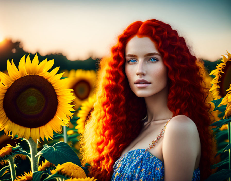 Woman with Red Hair Surrounded by Sunflowers at Golden Hour