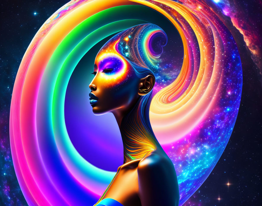 Woman with vibrant body paint and cosmic patterns in starry background.