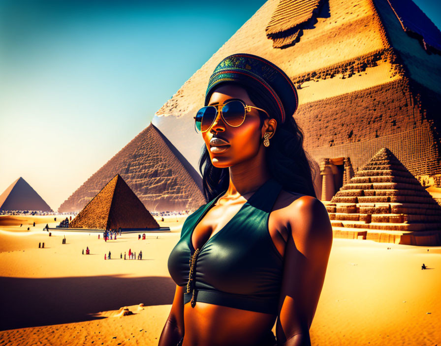 Woman in sunglasses and headscarf at Pyramids of Giza on sunny day