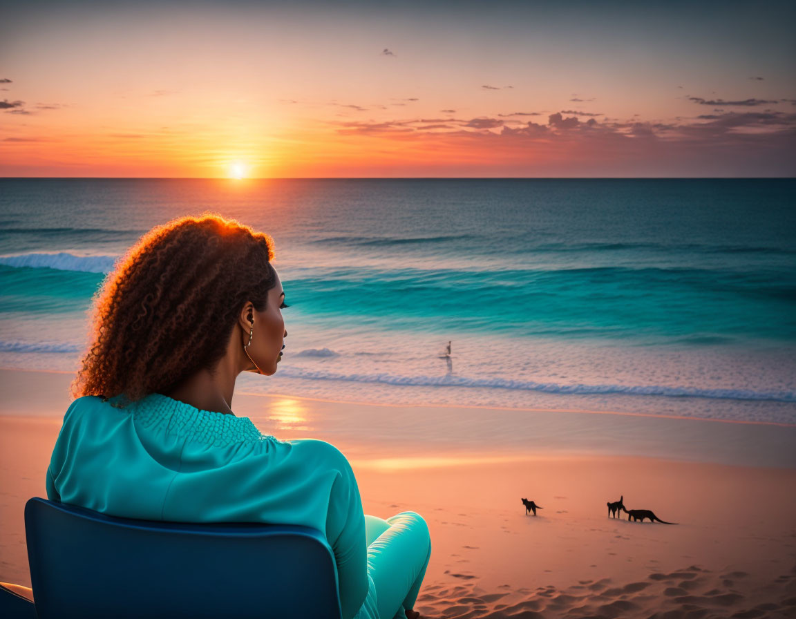 Woman on beach chair watching sunset with two dogs playing by the shore