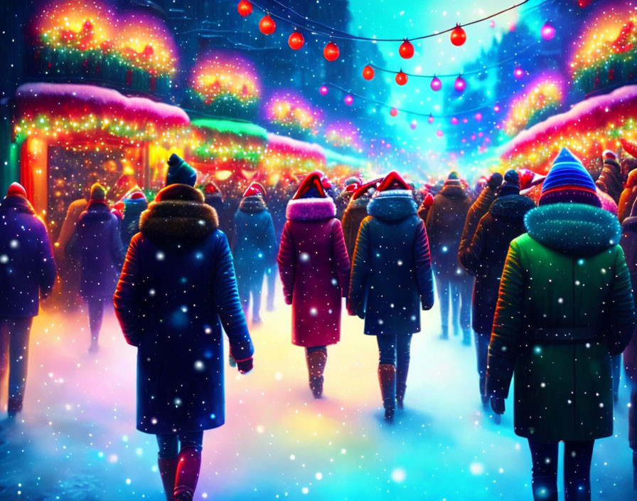 Festive crowd in winter attire on snow-covered street with holiday lights