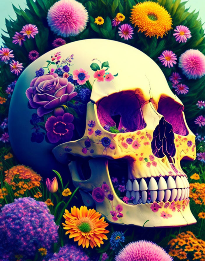 Vibrant floral human skull art against lush backdrop