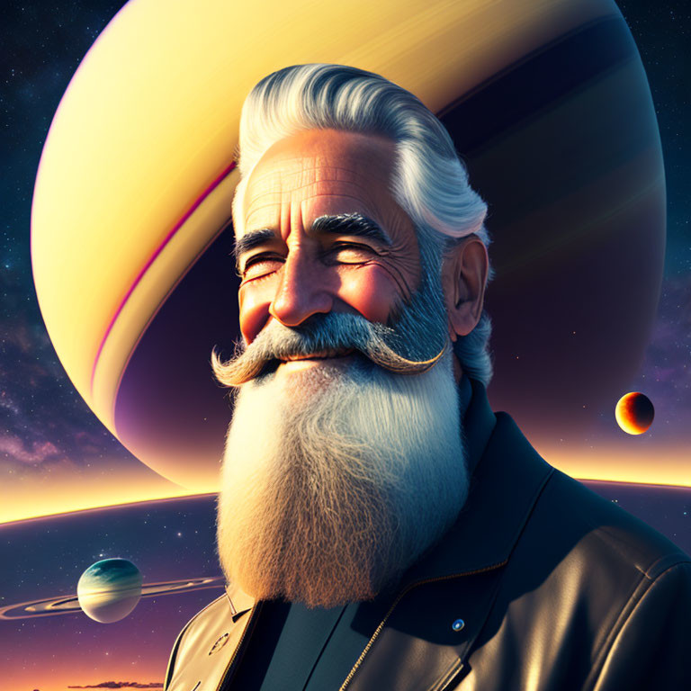 Elderly man with white beard smiling in space illustration