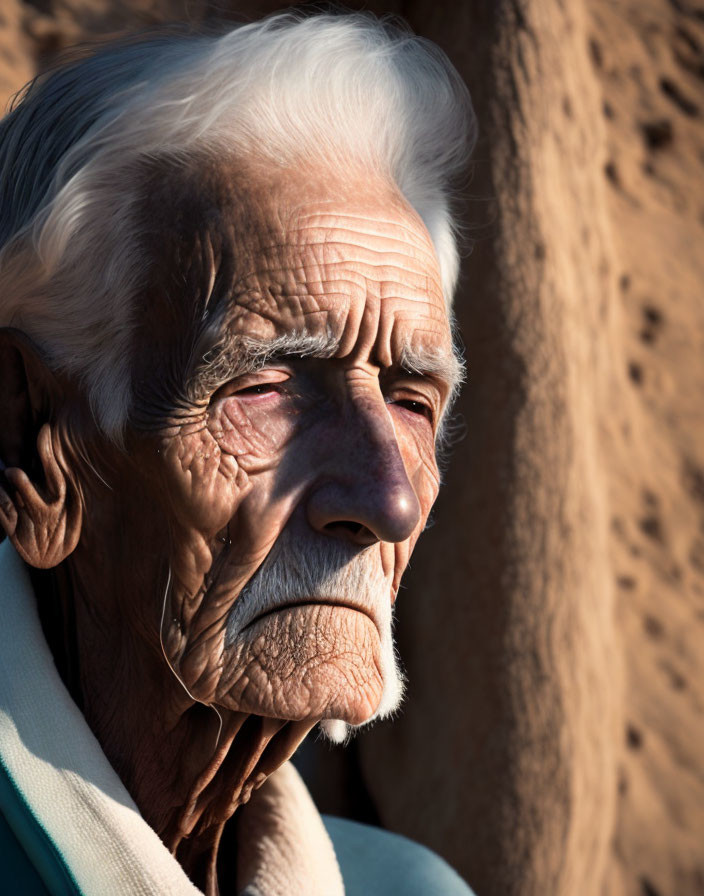 Elderly man with deep wrinkles and white hair under sunlight