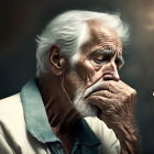 Elderly man with white hair and beard lost in thought