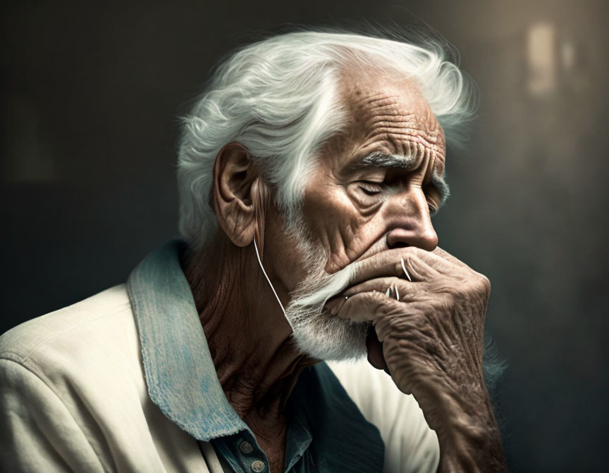 Elderly man with white hair and beard lost in thought