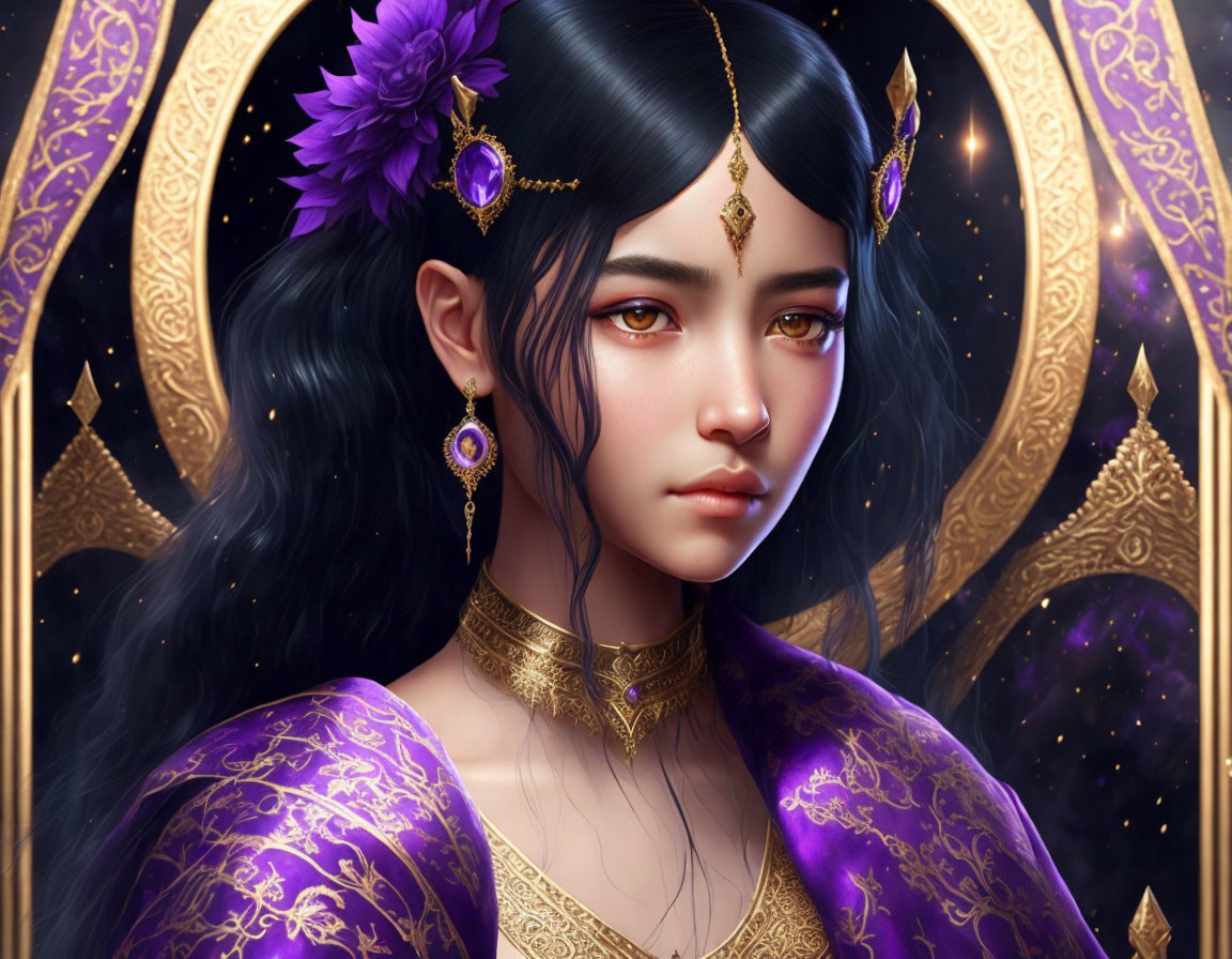 Digital artwork: Woman with long black hair, purple flowers, golden jewelry, rich purple garment, mystical