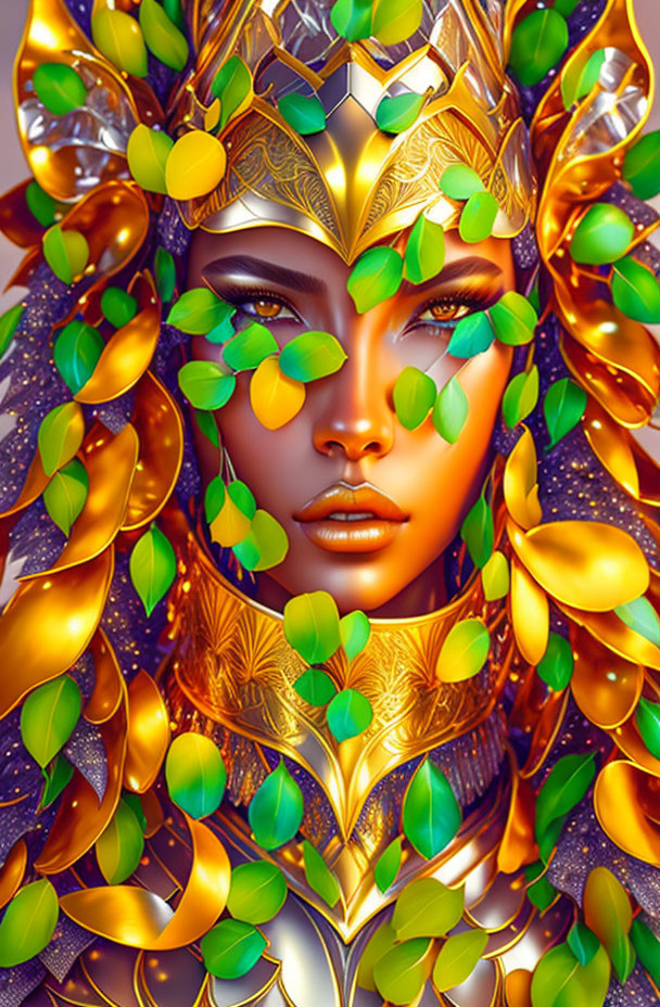 Golden armor and headdress fantasy portrait with green leaves and yellow ribbons