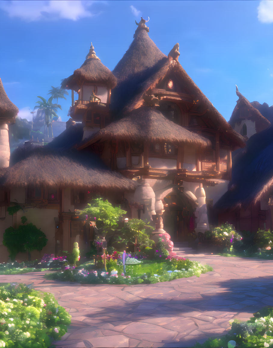 Sunlit village with fantasy thatched-roof cottages and lush gardens