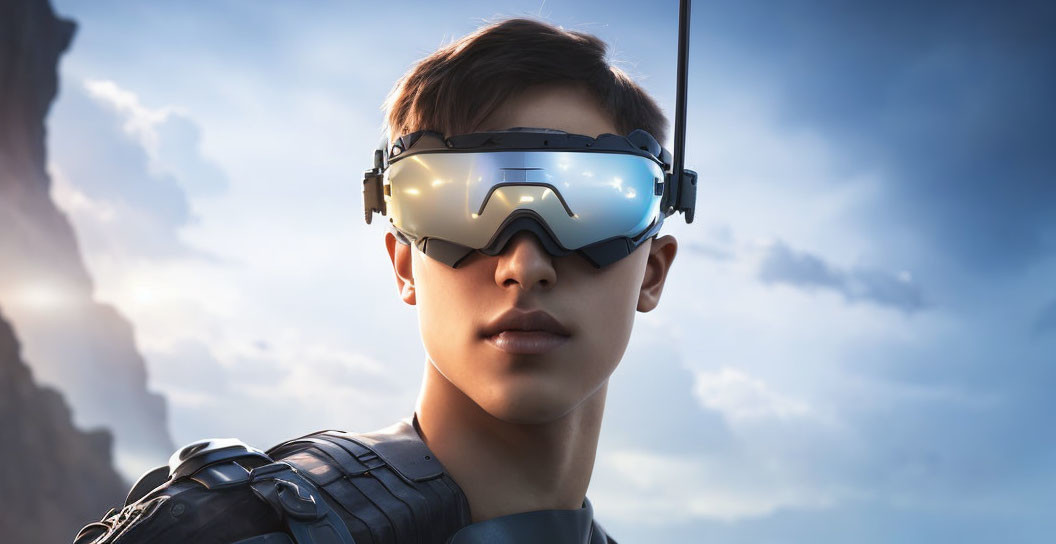 Futuristic VR goggles on young male in armored suit