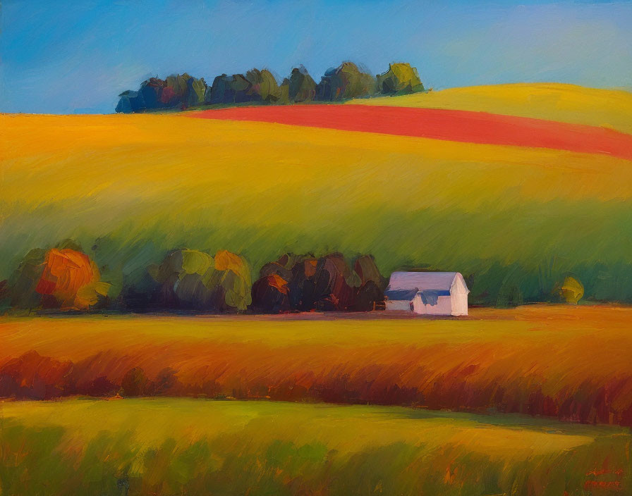 Colorful oil painting of white barn in pastoral scene under blue sky