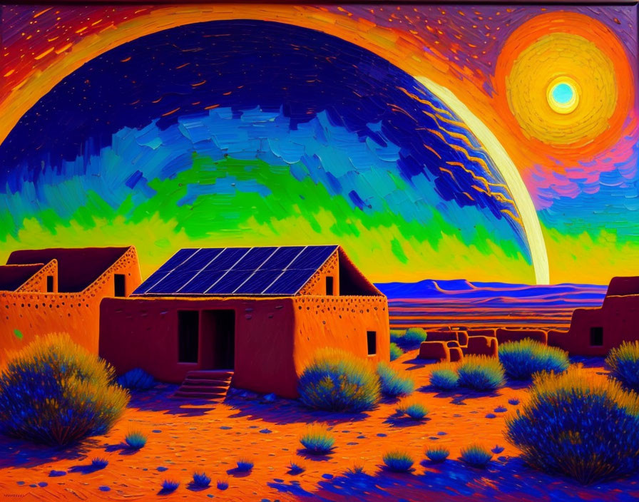 Starry sky and sun over adobe houses with solar panels