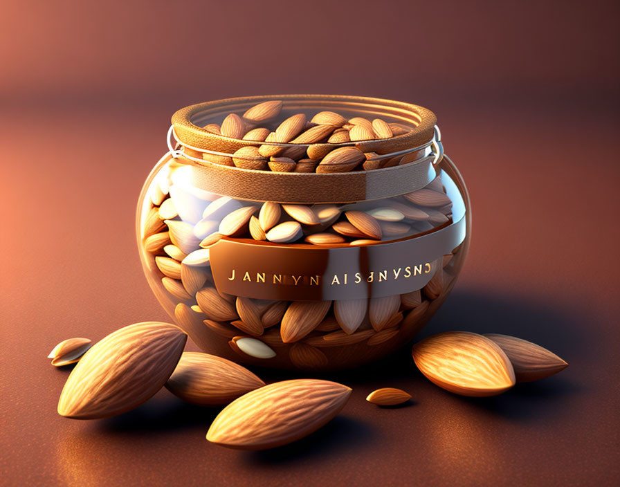 Glass jar filled with almonds on brown surface with scattered nuts and golden label.