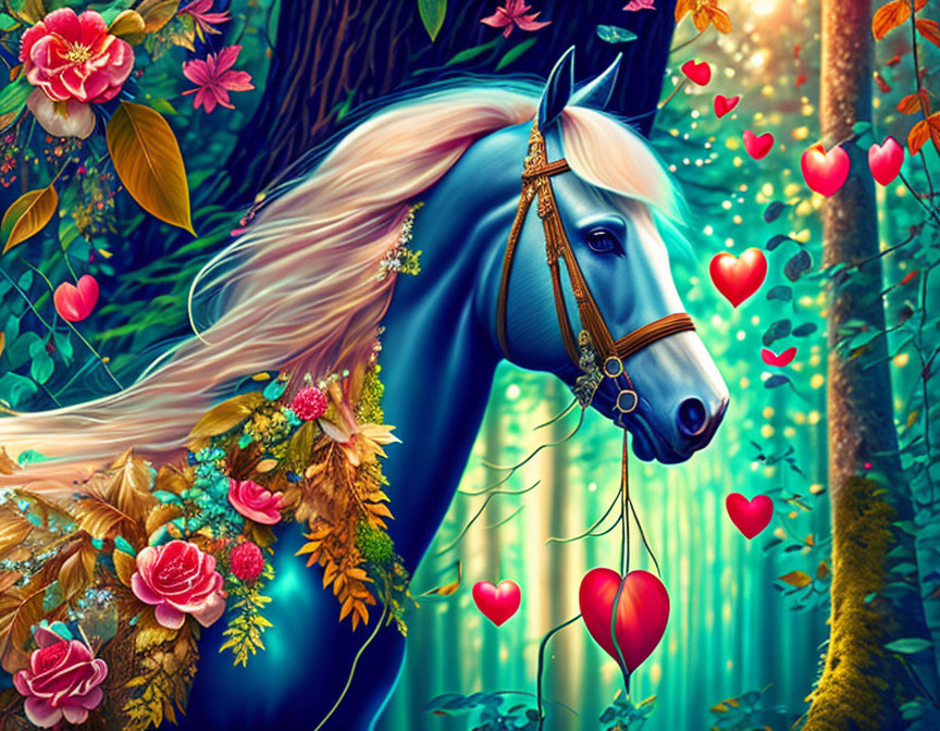 Blue horse with flowers in magical forest with floating hearts