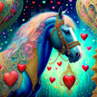 Blue horse with flowers in magical forest with floating hearts